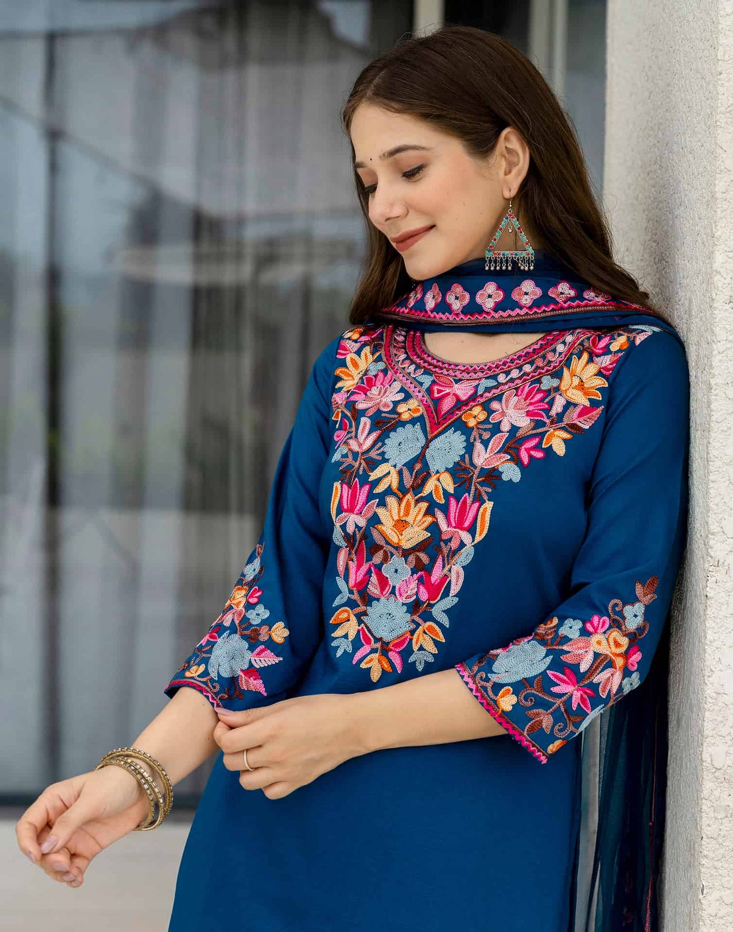 Chinnon Straight Embroidery Round Neck Kurta with Pant & Dupatta