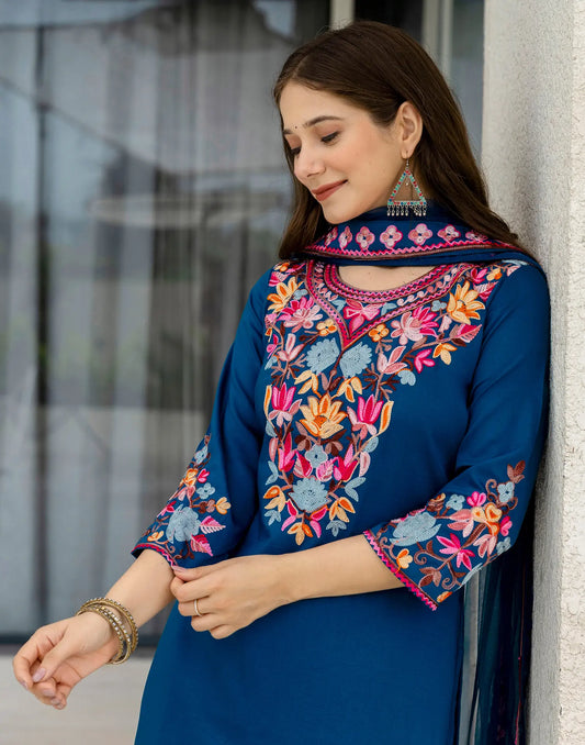 Royal Blue Round Neck Multicolor Thread Embroidery Dhoti Pants 3 Piece Kurta Set With Dupatta