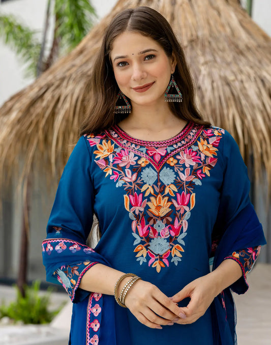 Royal Blue Round Neck Multicolor Thread Embroidery Dhoti Pants 3 Piece Kurta Set With Dupatta