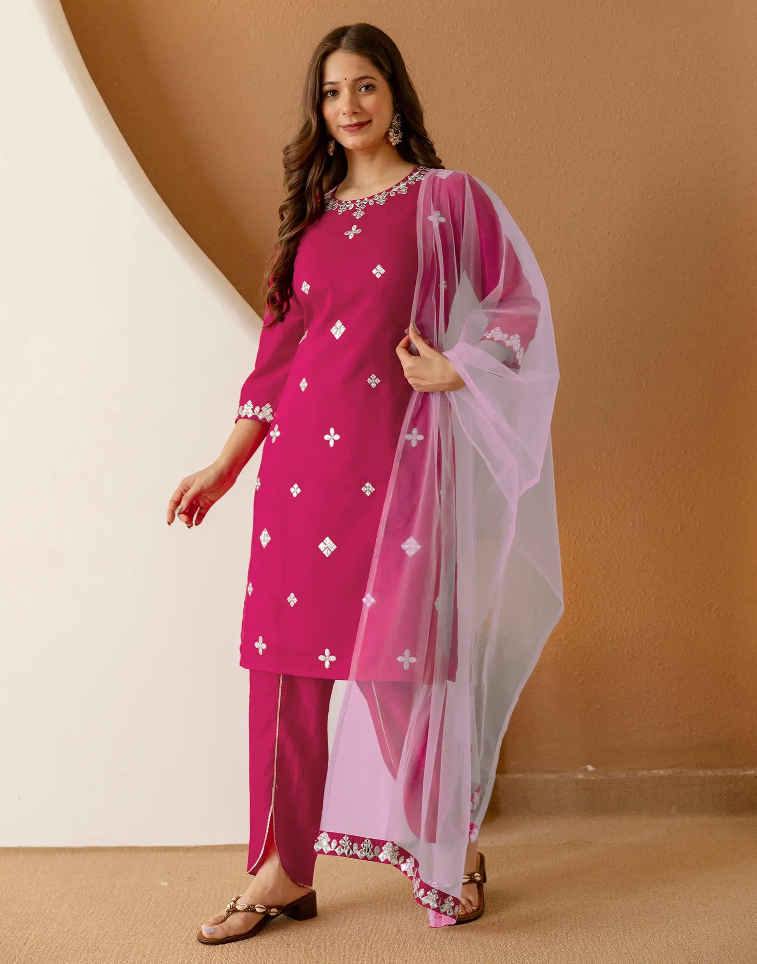 Poly Chinnon Embroidered Straight 3 Piece Kurta Set