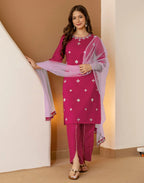 Poly Chinnon Embroidered Straight 3 Piece Kurta Set