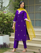 Silk Blend Embroidered Straight 3 Piece Kurta Set