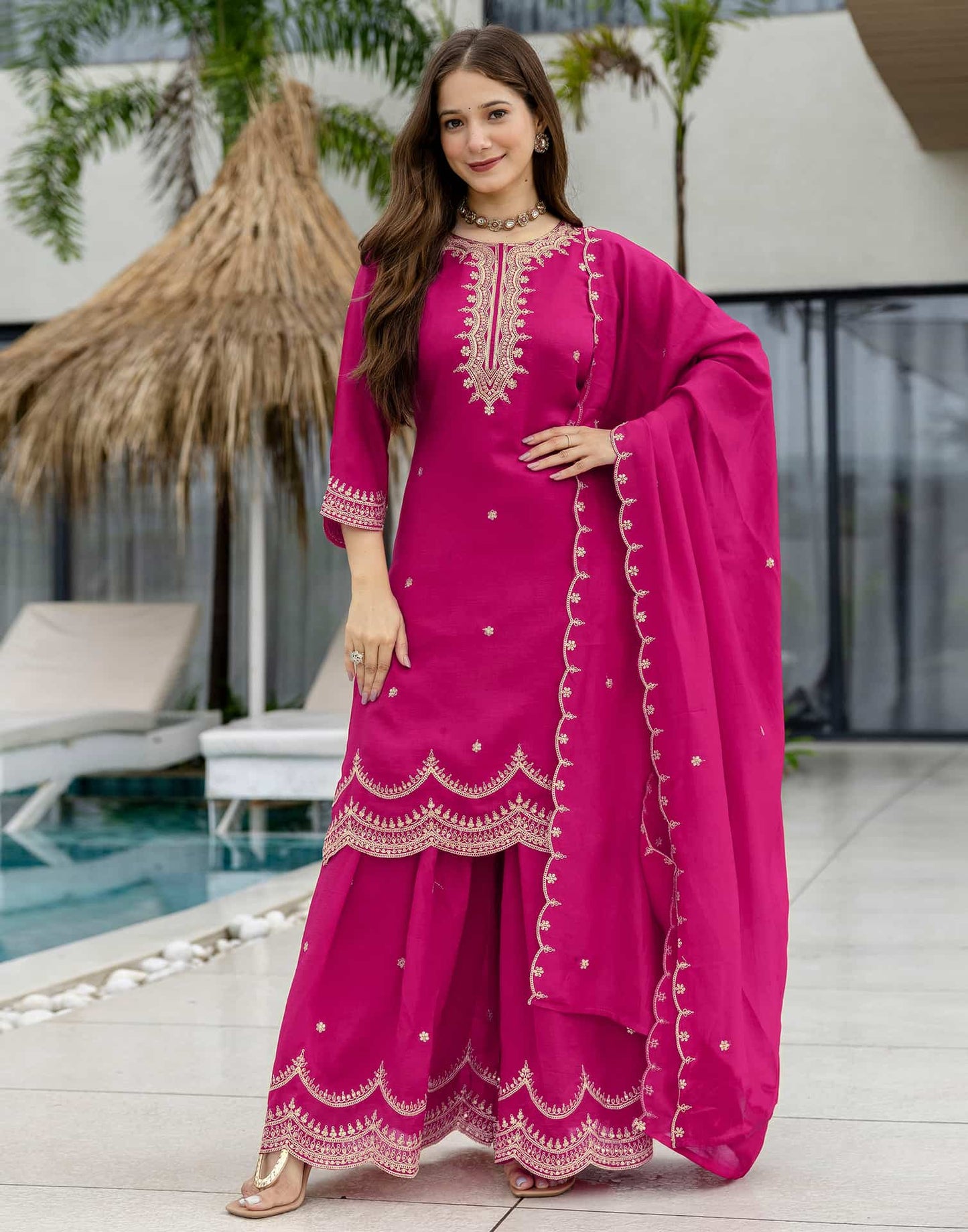 Silk Embroidered Straight Kurta with Pant & Dupatta