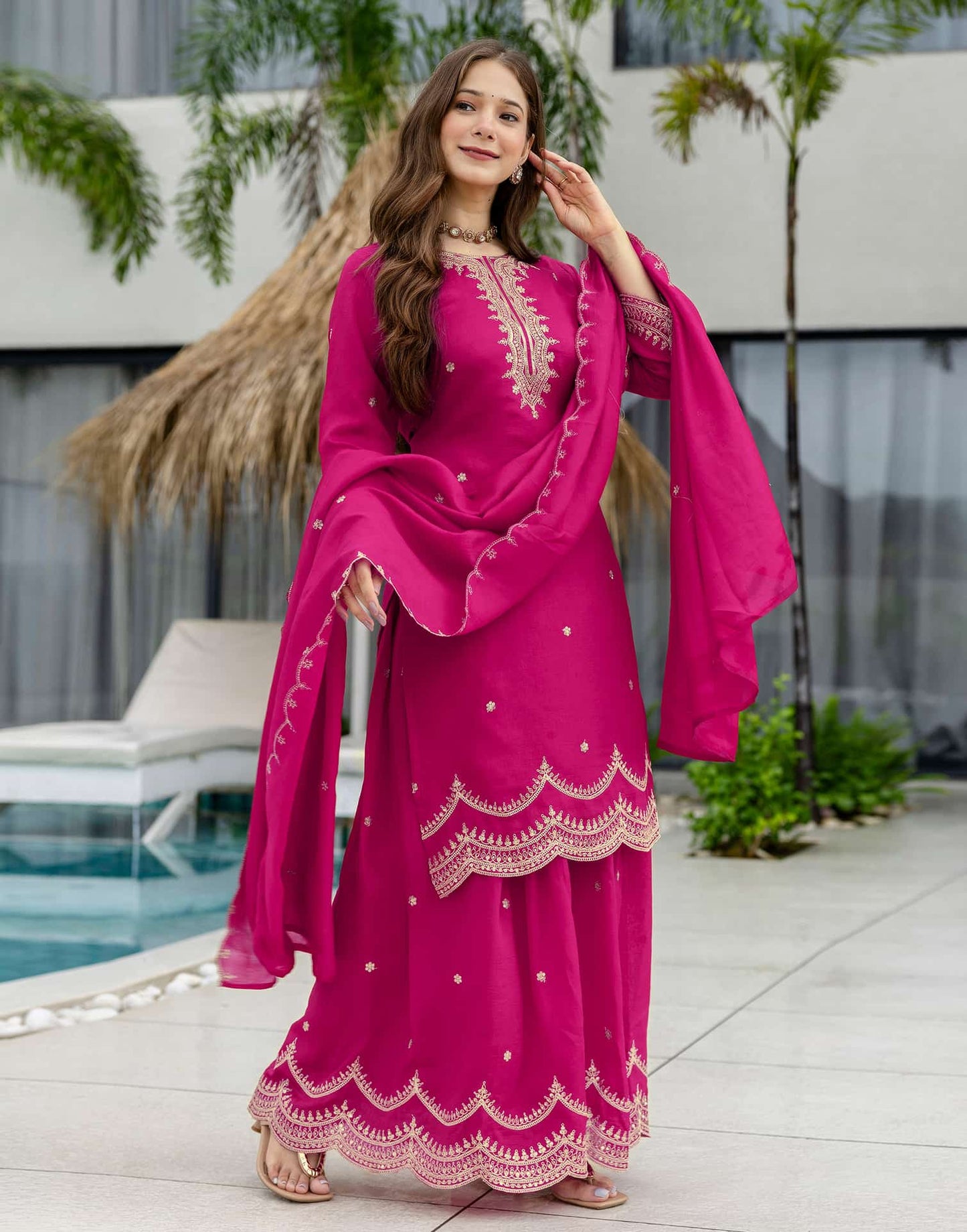 Silk Embroidered Straight Kurta with Pant & Dupatta