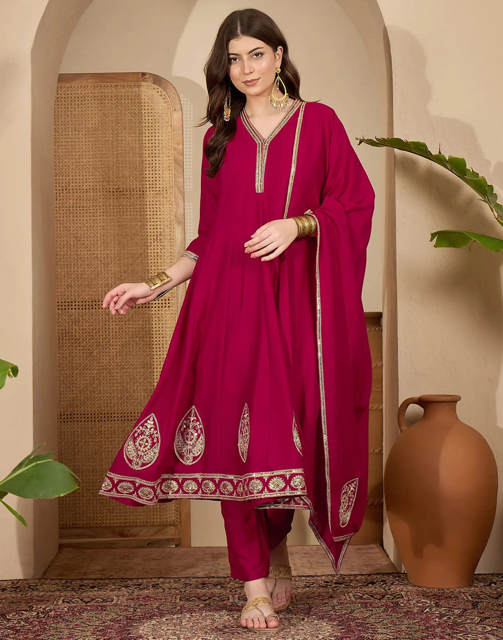 Silk Embroidered A-Line 3 Piece Kurta Set