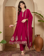 Silk Embroidered A-Line 3 Piece Kurta Set