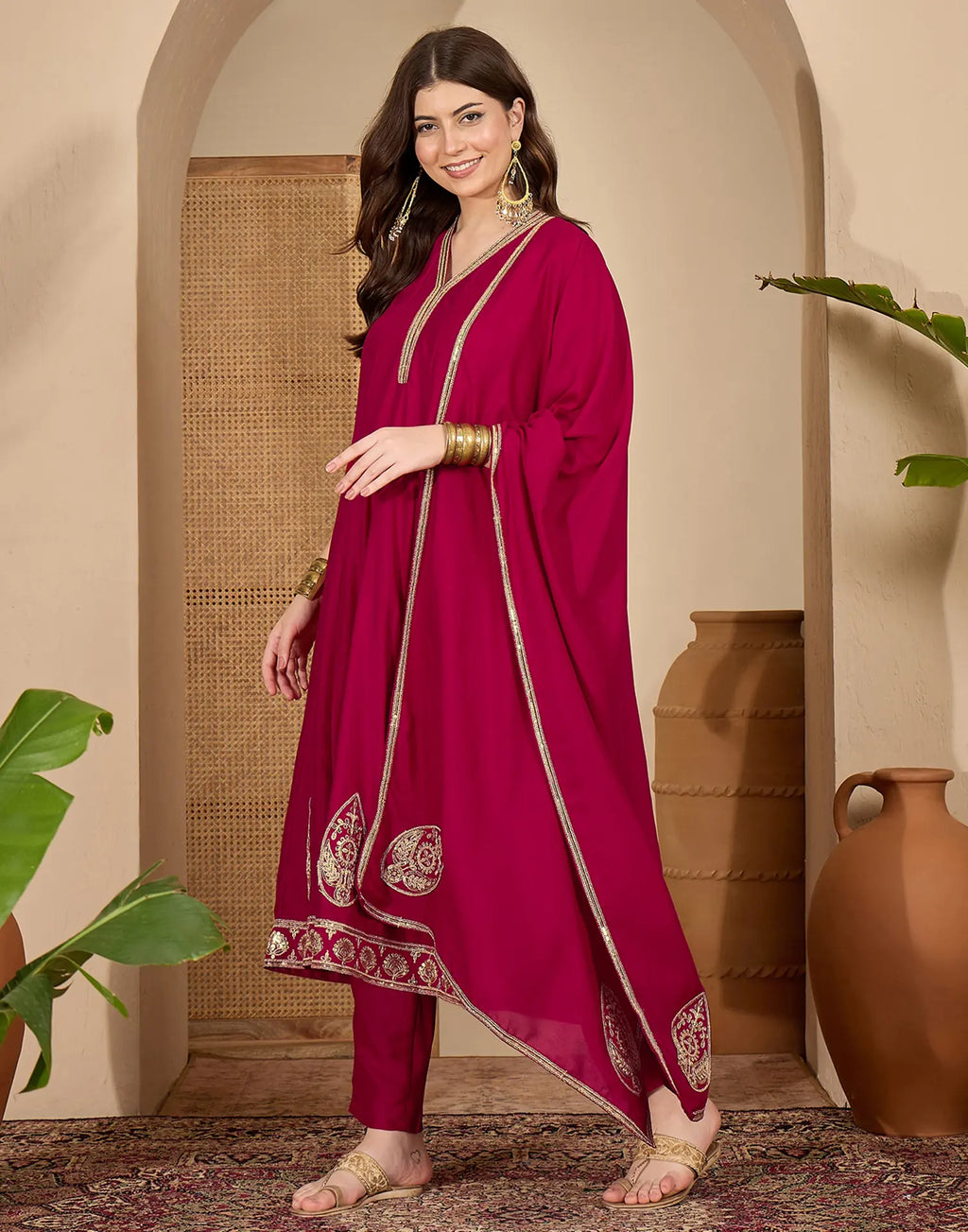 Silk Embroidered A-Line 3 Piece Kurta Set