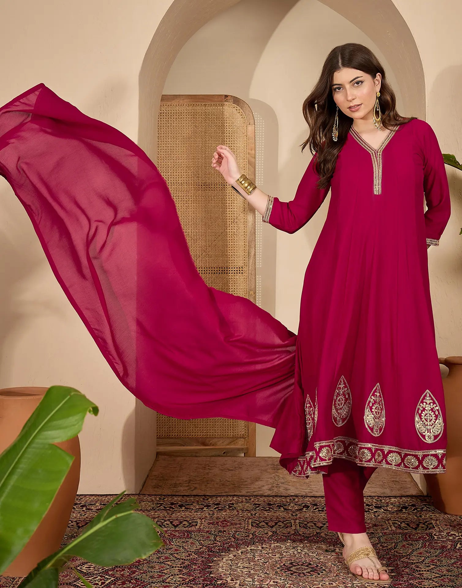 Silk Embroidered A-Line 3 Piece Kurta Set