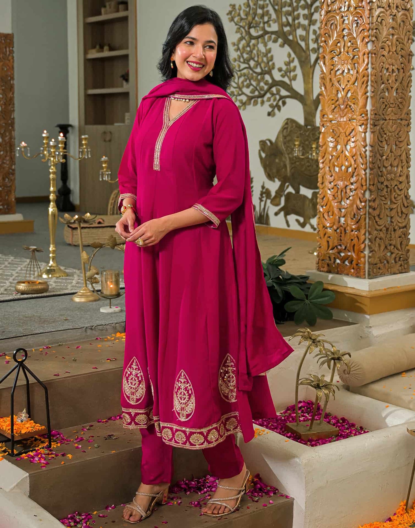 Silk Embroidered Anarkali Kurta with Pant & Dupatta