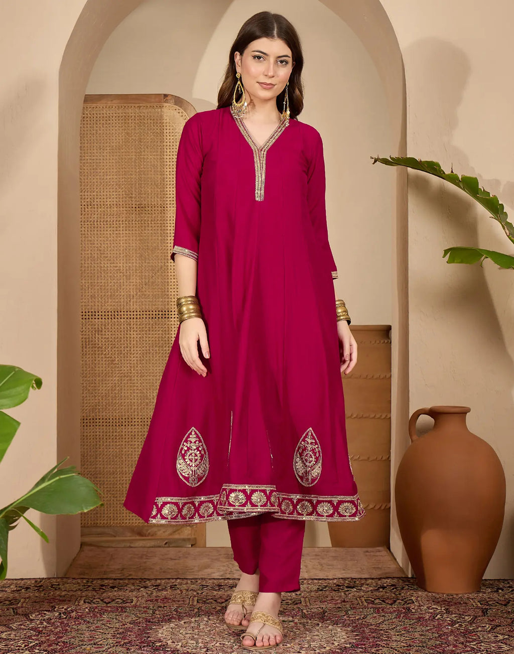 Silk Embroidered A-Line 3 Piece Kurta Set