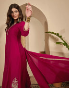 Silk Embroidered A-Line 3 Piece Kurta Set