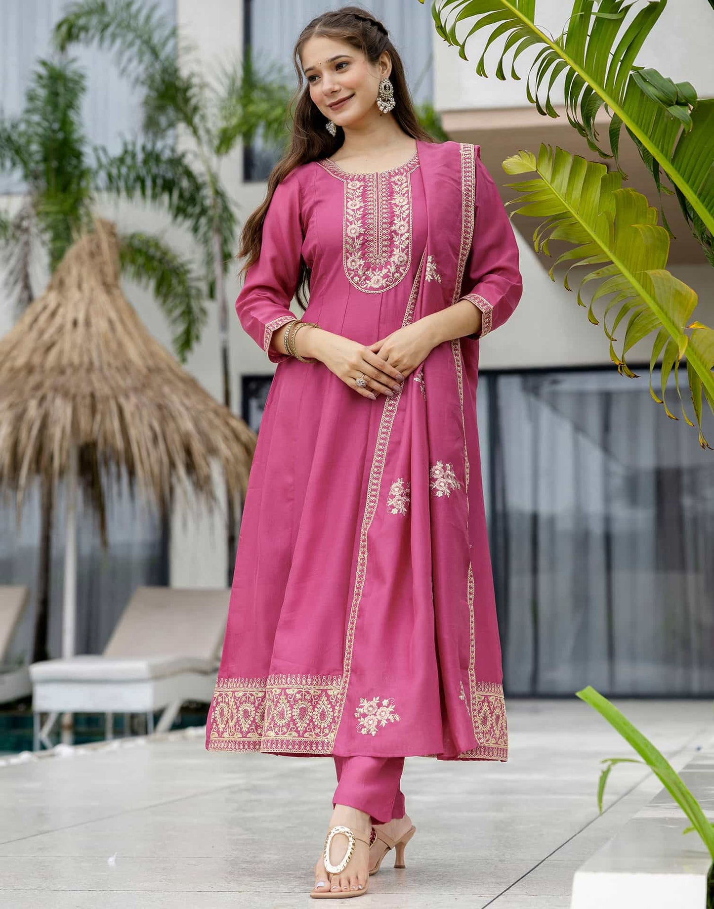 Silk Anarkali Embroidery Round Neck Kurta with Pant & Dupatta