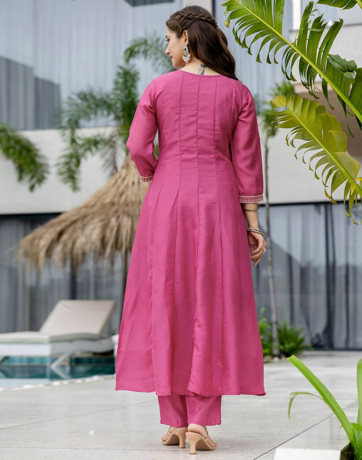 Silk Anarkali Embroidery Round Neck Kurta with Pant & Dupatta