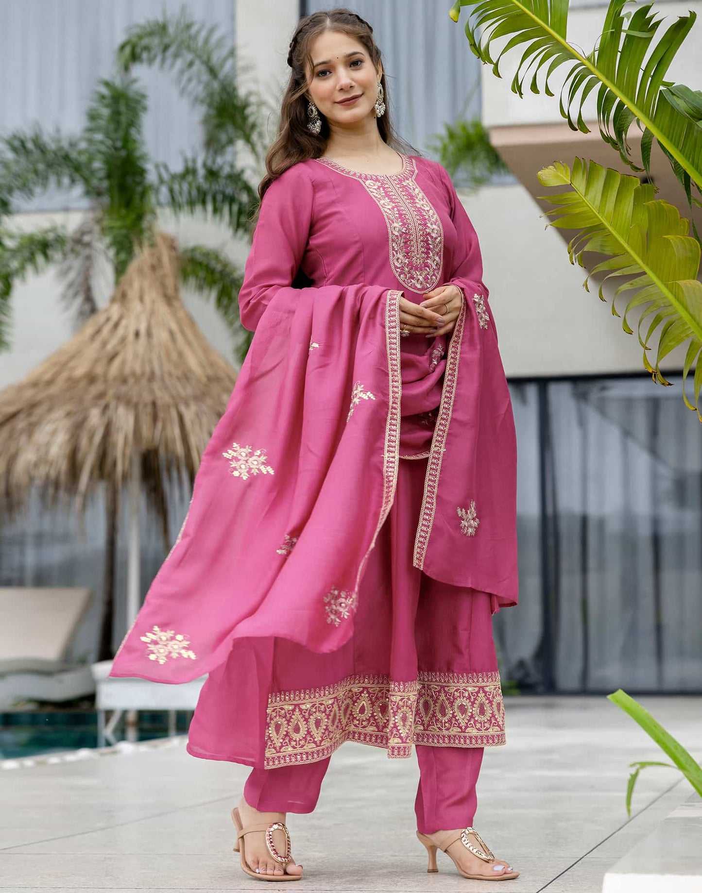 Silk Anarkali Embroidery Round Neck Kurta with Pant & Dupatta