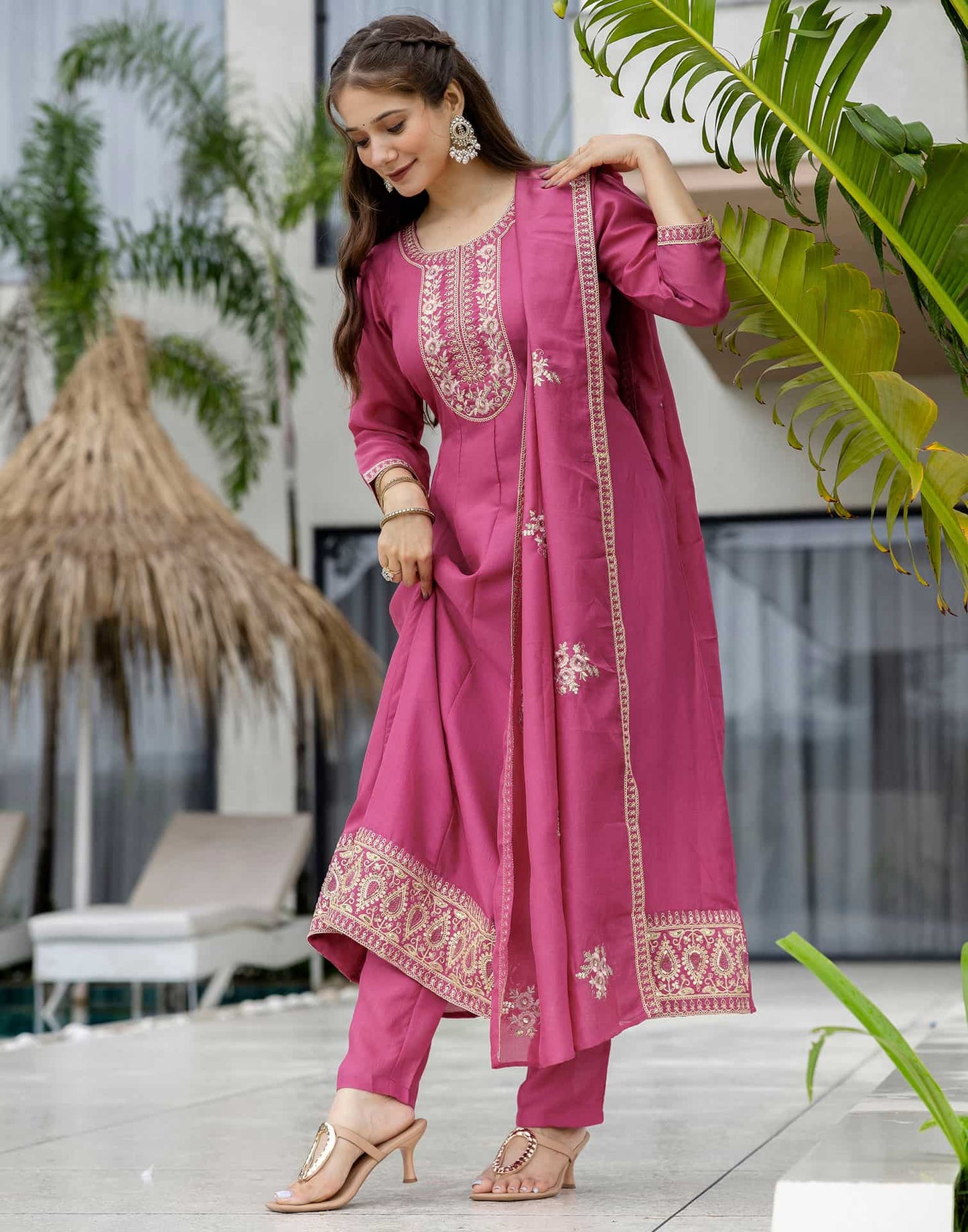 Silk Anarkali Embroidery Round Neck Kurta with Pant & Dupatta