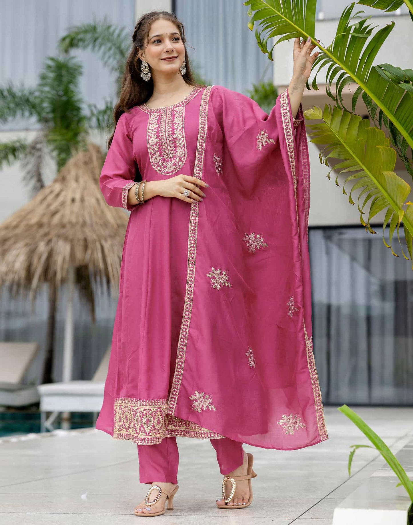 Silk Anarkali Embroidery Round Neck Kurta with Pant & Dupatta