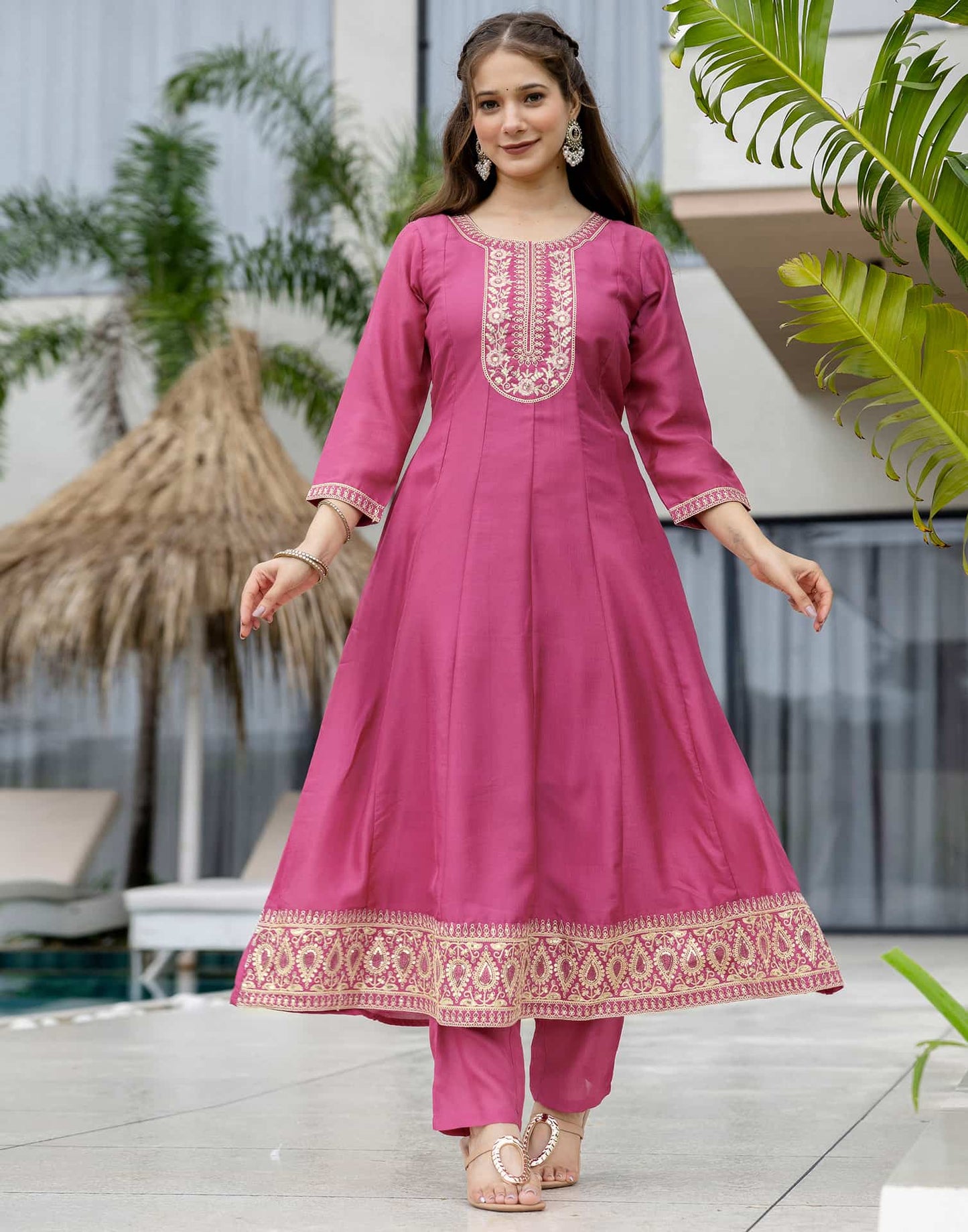 Silk Anarkali Embroidery Round Neck Kurta with Pant & Dupatta
