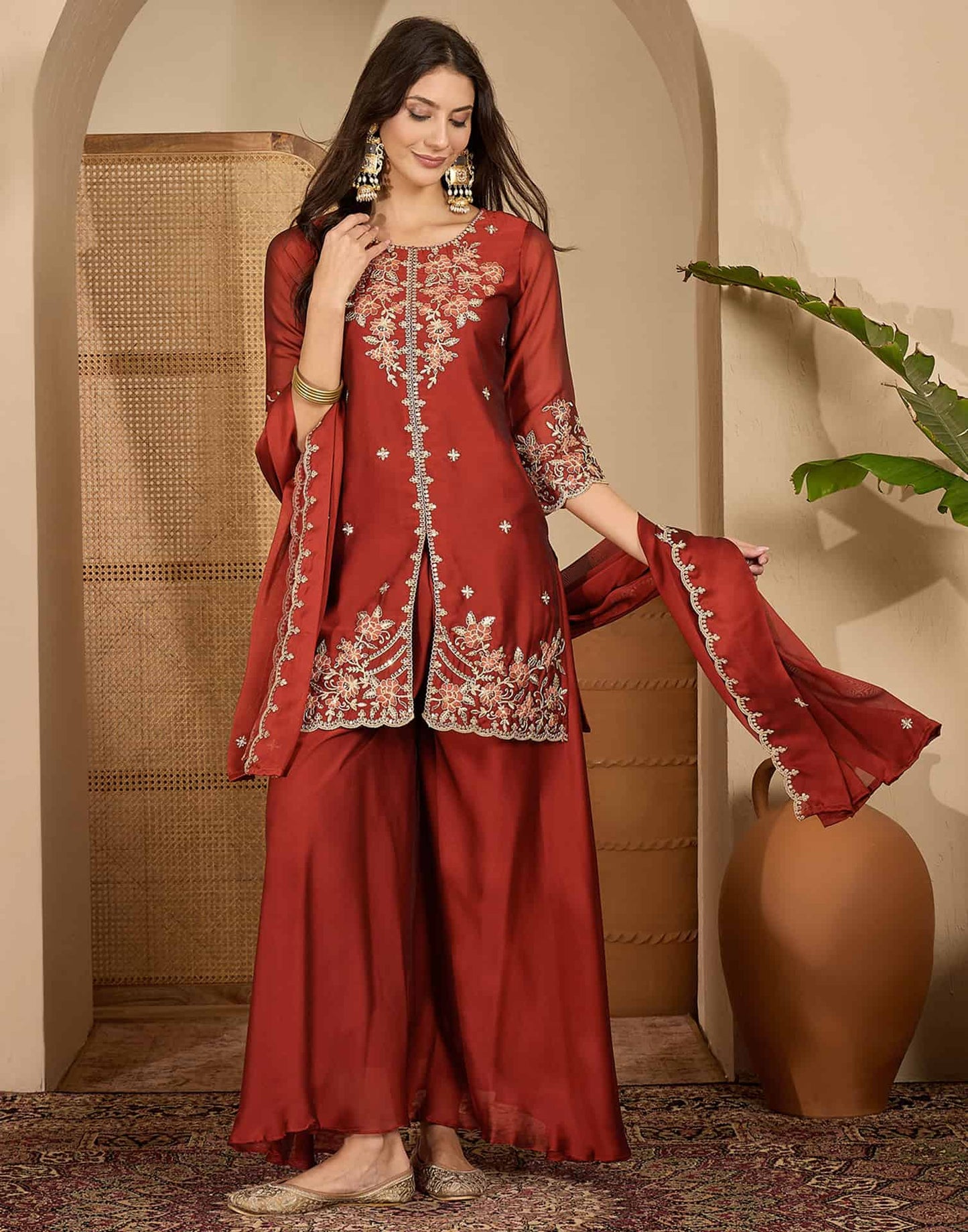 Silk Straight Embroidery Round Neck Kurta with Pant & Dupatta