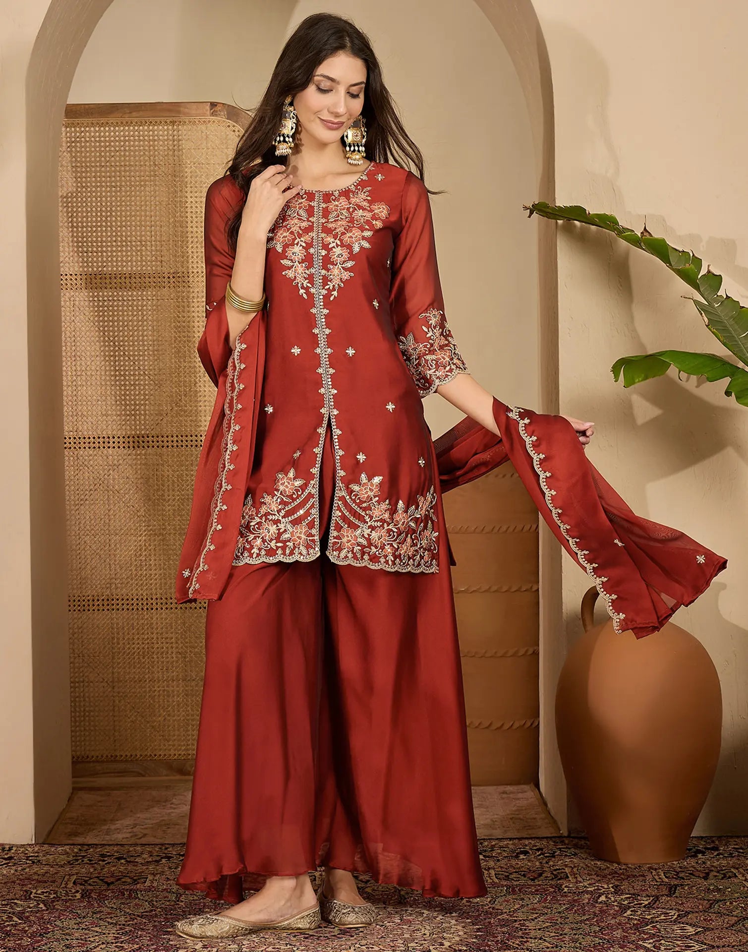 Silk Embroidered Straight 3 Piece Kurta Set