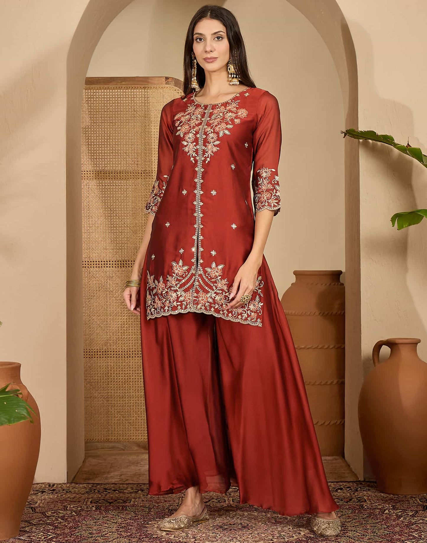 Silk Straight Embroidery Round Neck Kurta with Pant & Dupatta