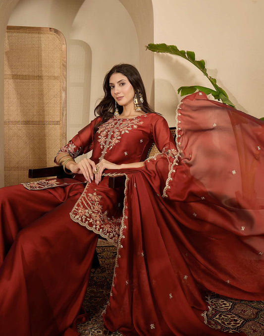 Silk Straight Embroidery Round Neck Kurta with Pant & Dupatta