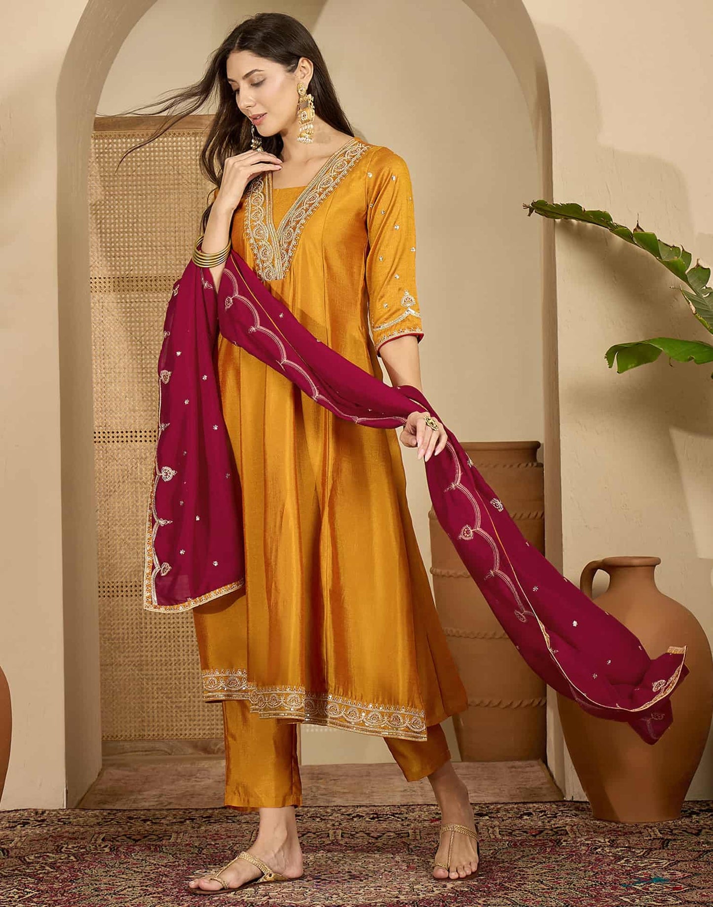 Silk Anarkali Embroidery Square Neck Kurta with Pant & Dupatta