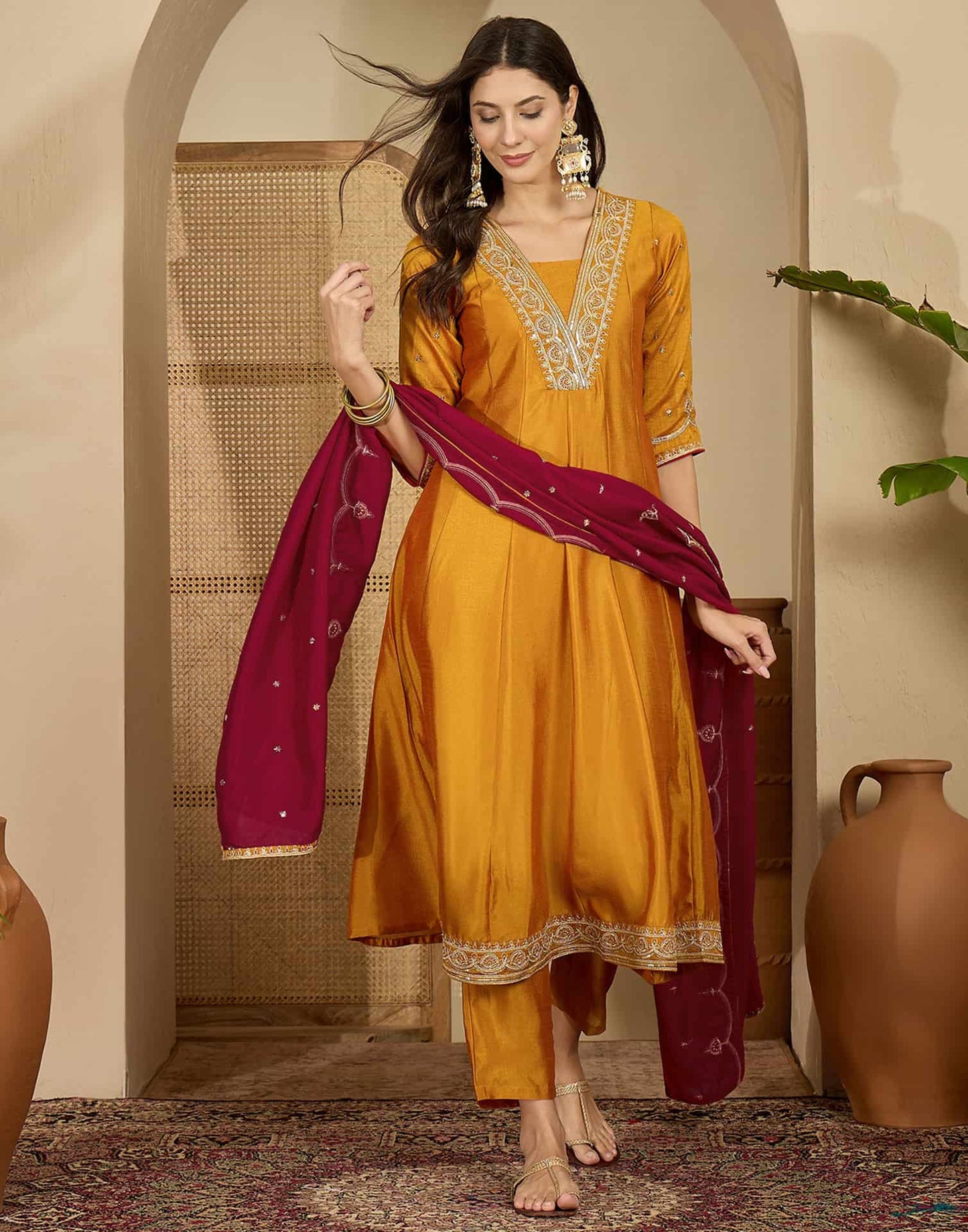 Silk Anarkali Embroidery Square Neck Kurta with Pant & Dupatta