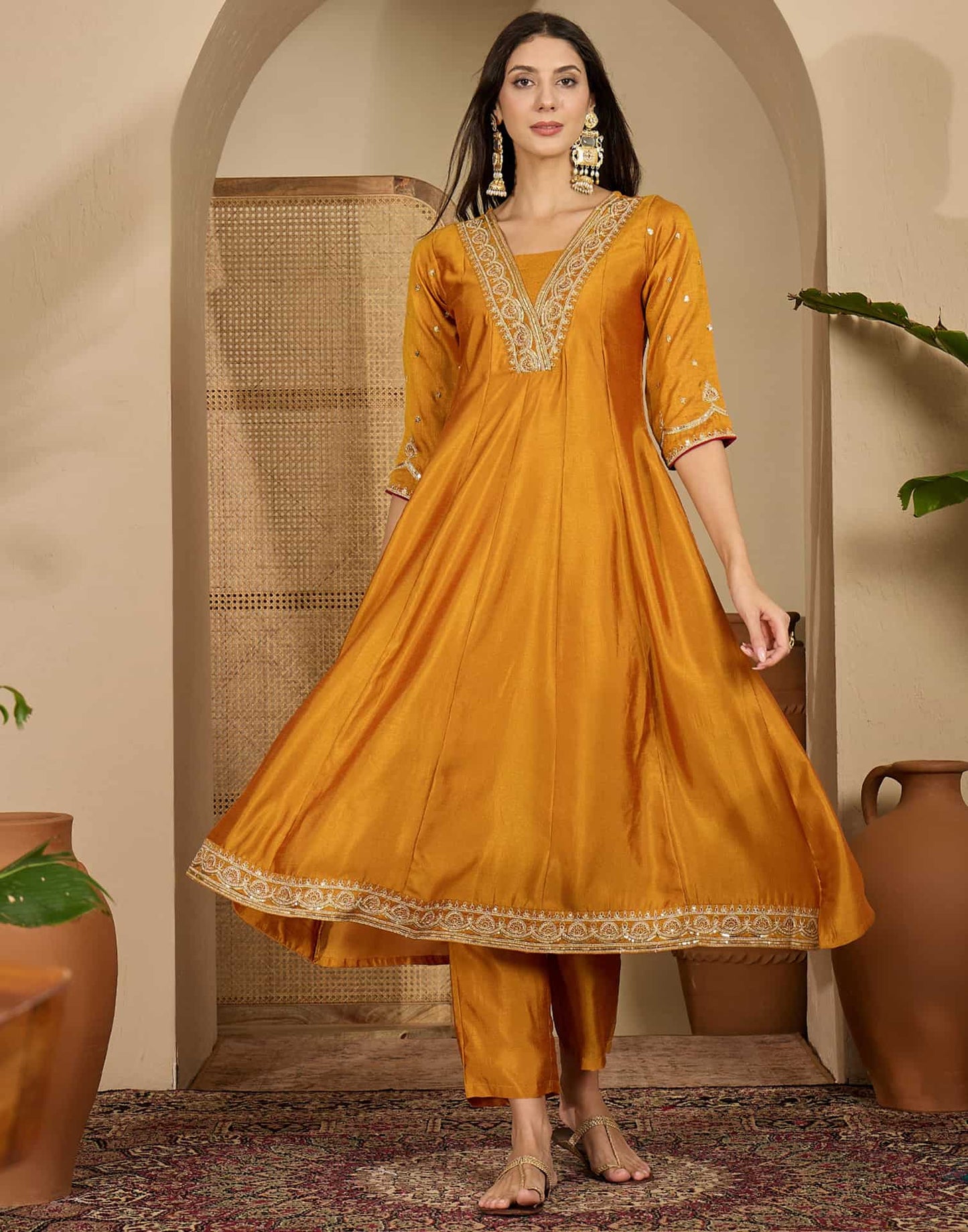 Silk Anarkali Embroidery Square Neck Kurta with Pant & Dupatta