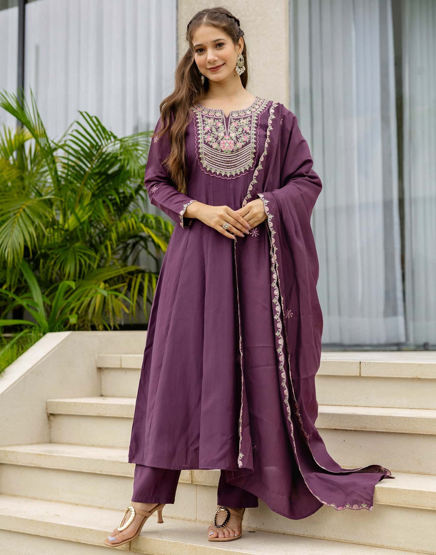 Silk Anarkali Embroidery Round Neck Kurta with Pant & Dupatta