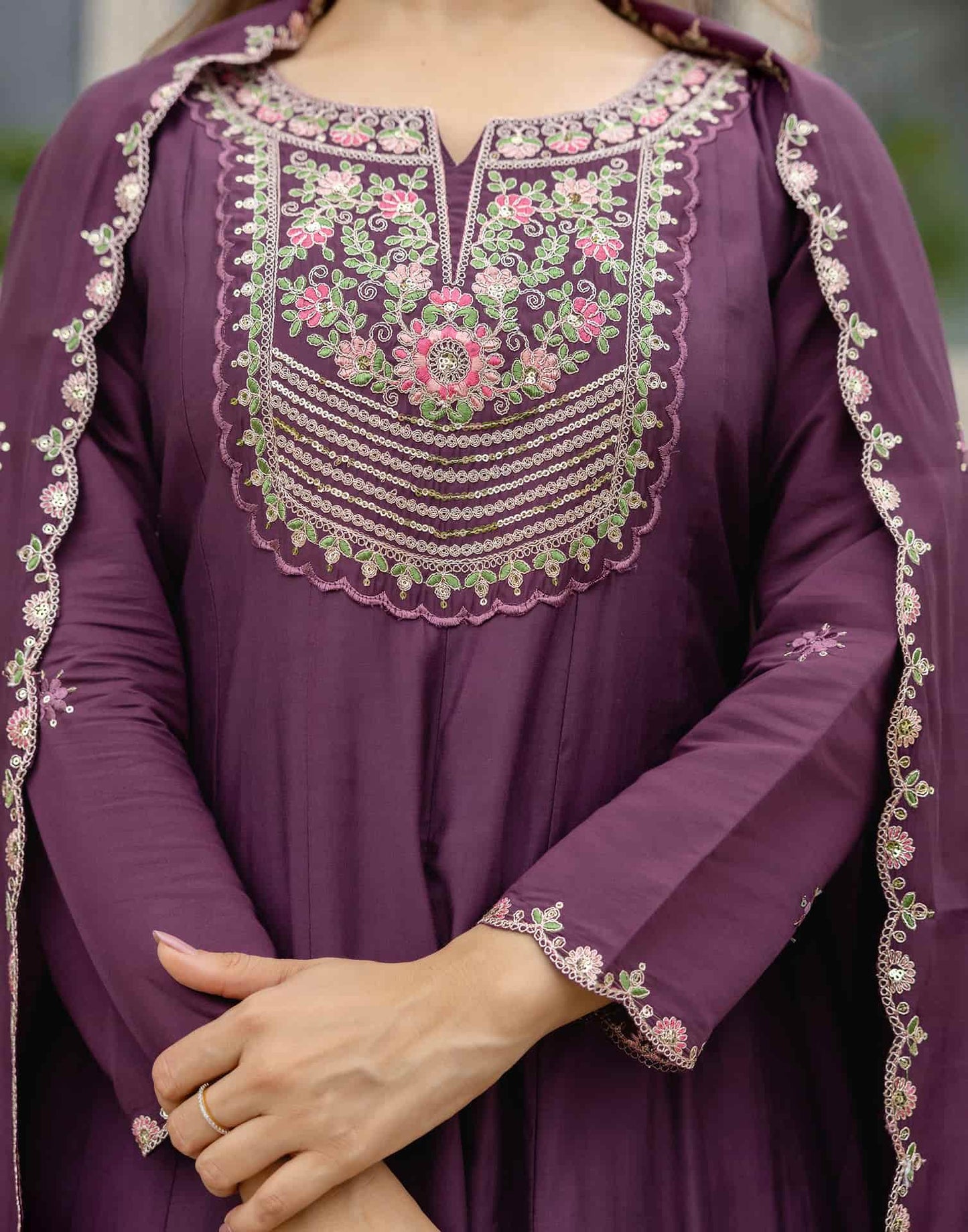 Silk Anarkali Embroidery Round Neck Kurta with Pant & Dupatta