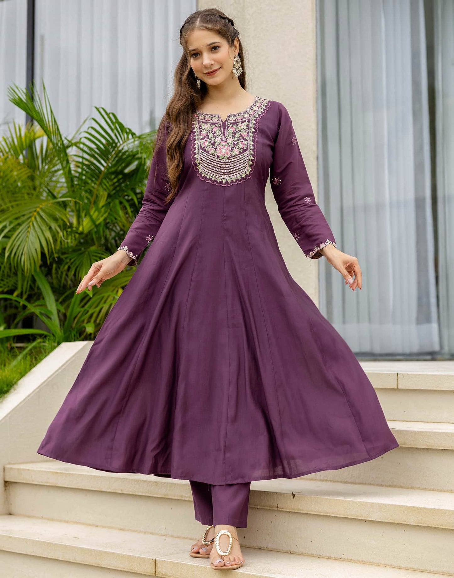 Silk Anarkali Embroidery Round Neck Kurta with Pant & Dupatta