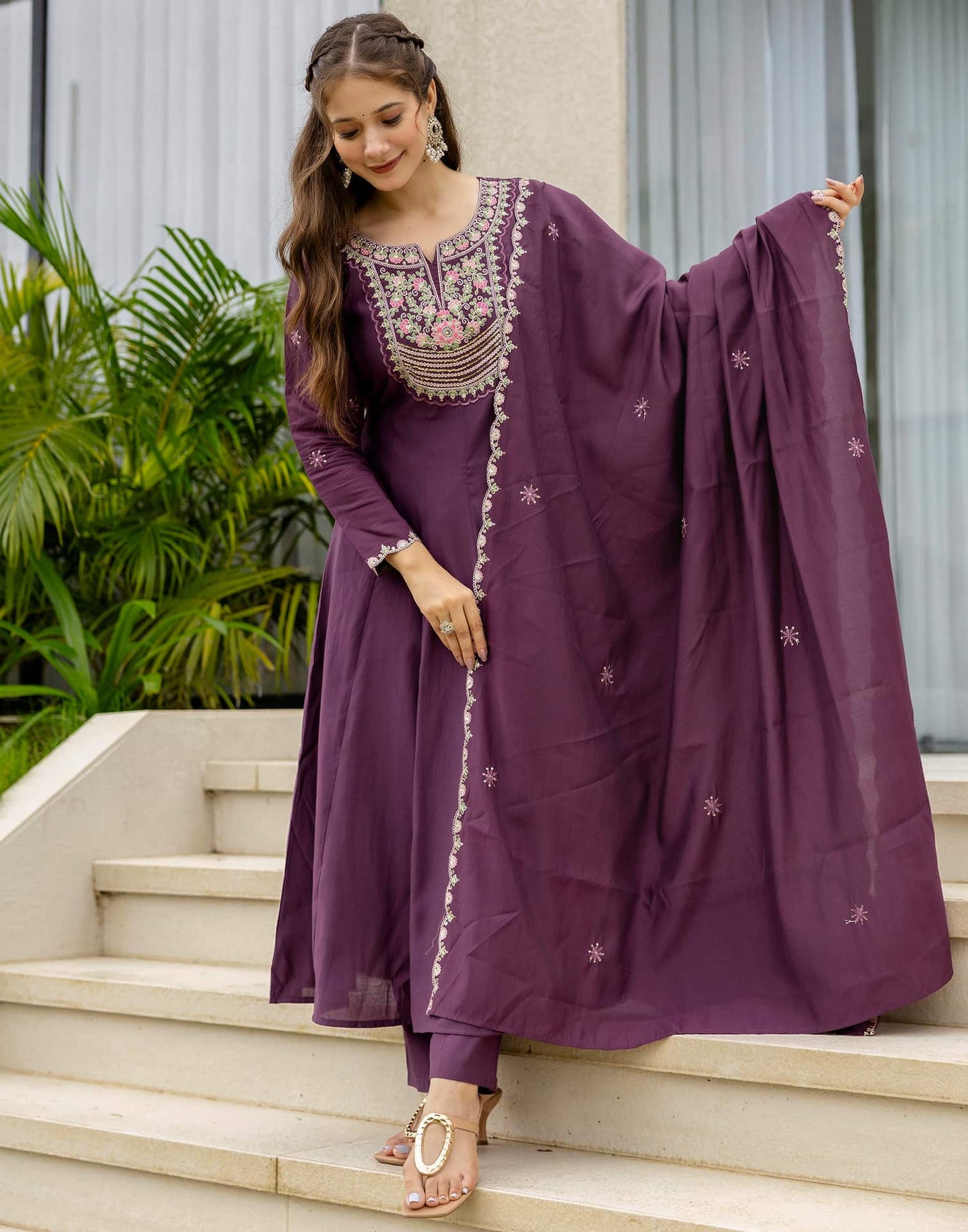Silk Anarkali Embroidery Round Neck Kurta with Pant & Dupatta