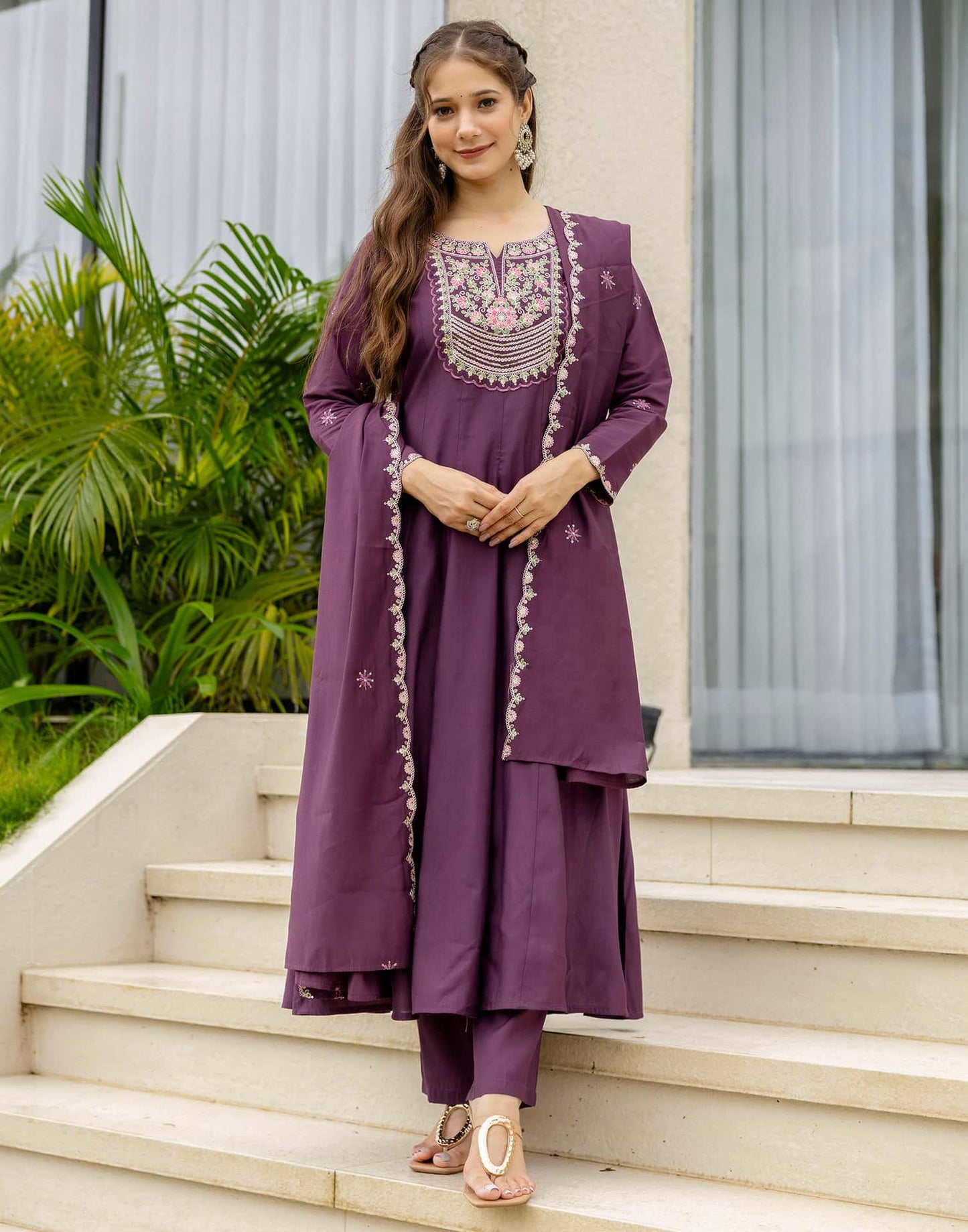 Silk Anarkali Embroidery Round Neck Kurta with Pant & Dupatta
