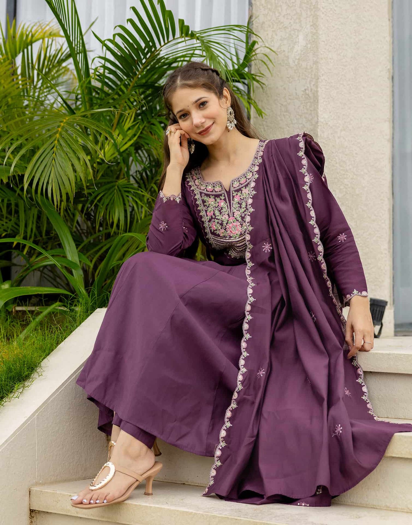 Silk Anarkali Embroidery Round Neck Kurta with Pant & Dupatta