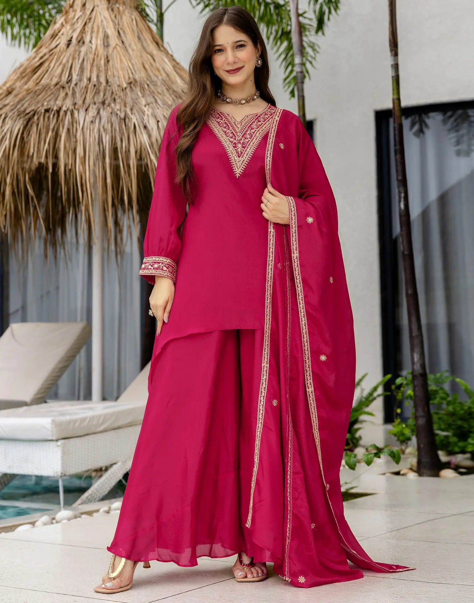 Poly Chinnon Embroidered High Low 3 Piece Kurta Set