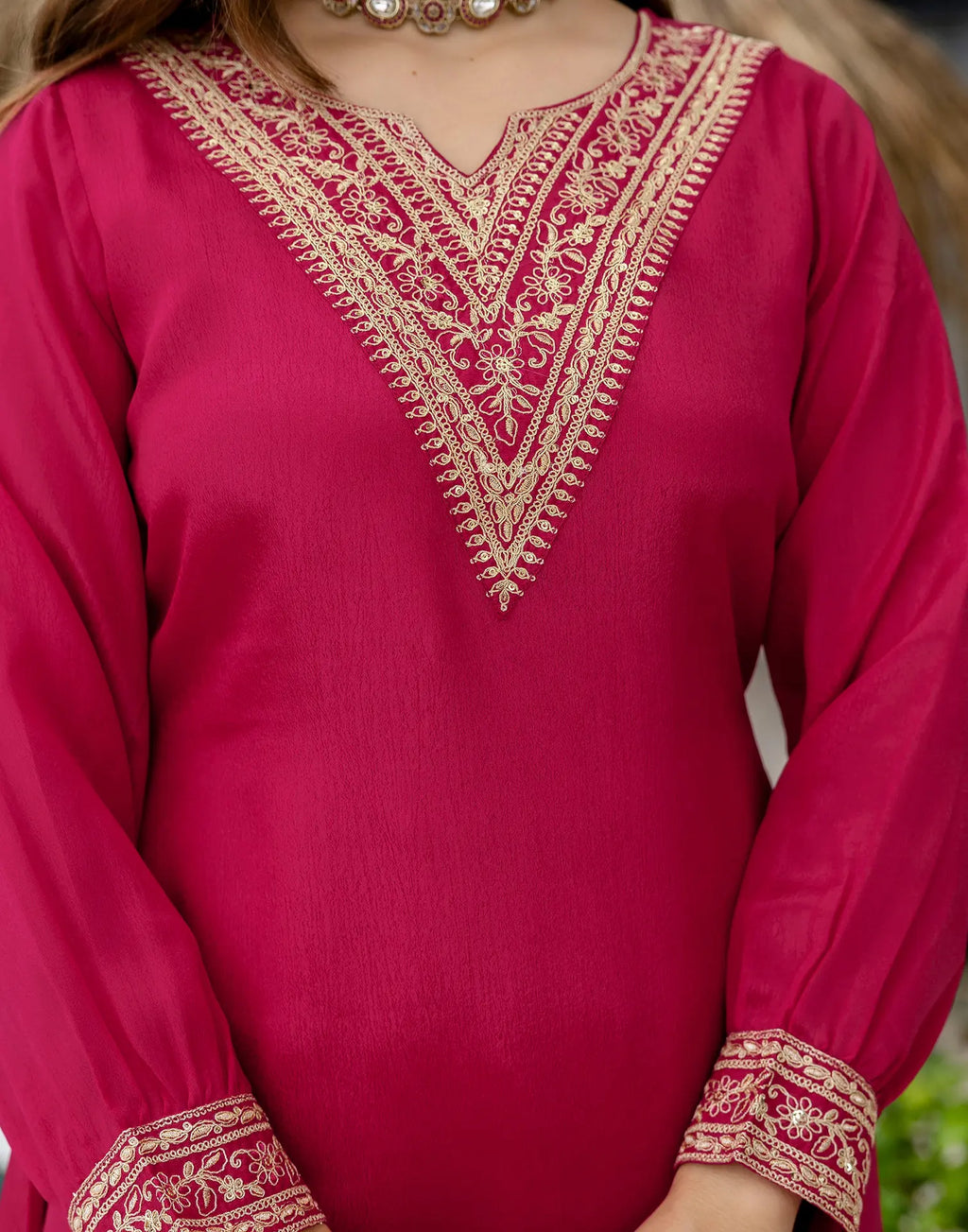 Poly Chinnon Embroidered High Low 3 Piece Kurta Set