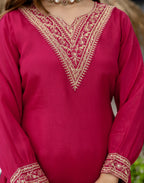 Poly Chinnon Embroidered High Low 3 Piece Kurta Set