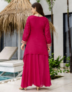 Poly Chinnon Embroidered High Low 3 Piece Kurta Set