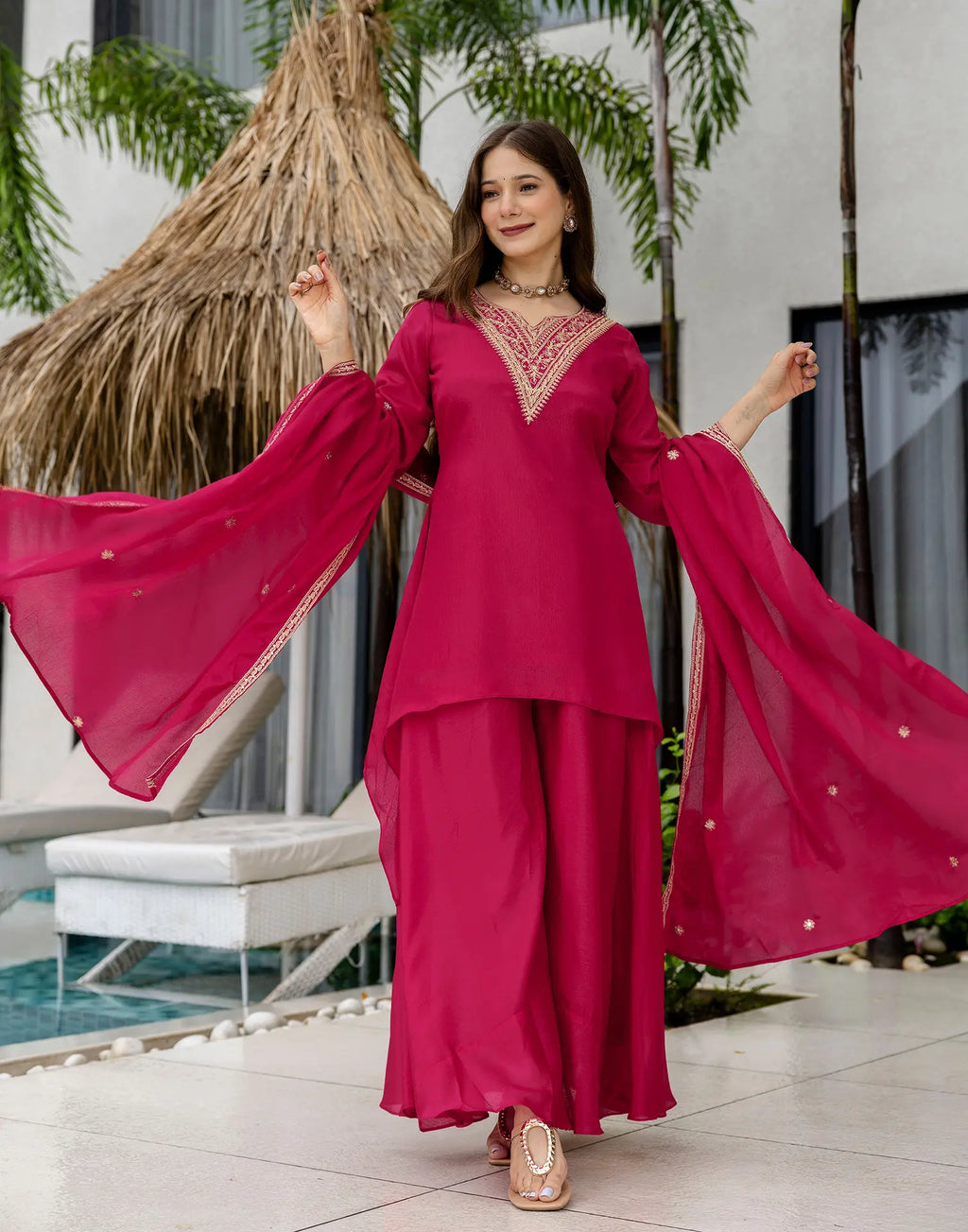 Poly Chinnon Embroidered High Low 3 Piece Kurta Set