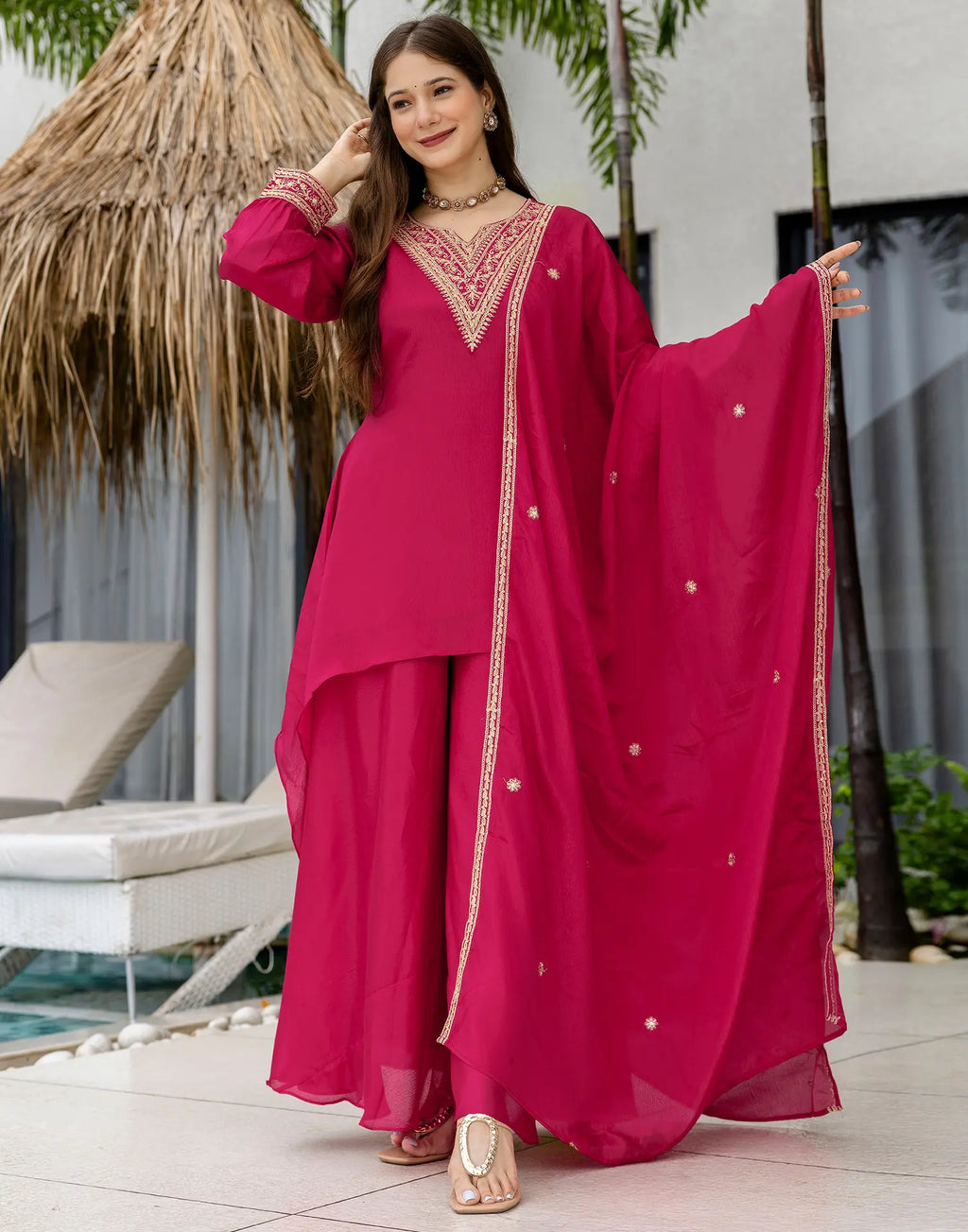 Poly Chinnon Embroidered High Low 3 Piece Kurta Set