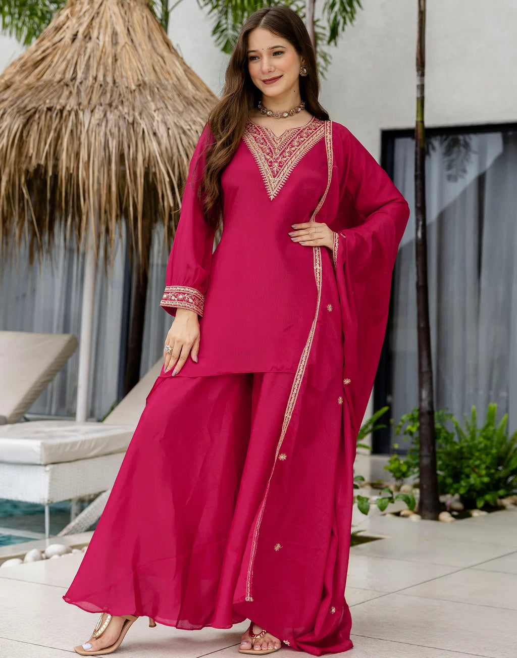 Poly Chinnon Embroidered High Low 3 Piece Kurta Set