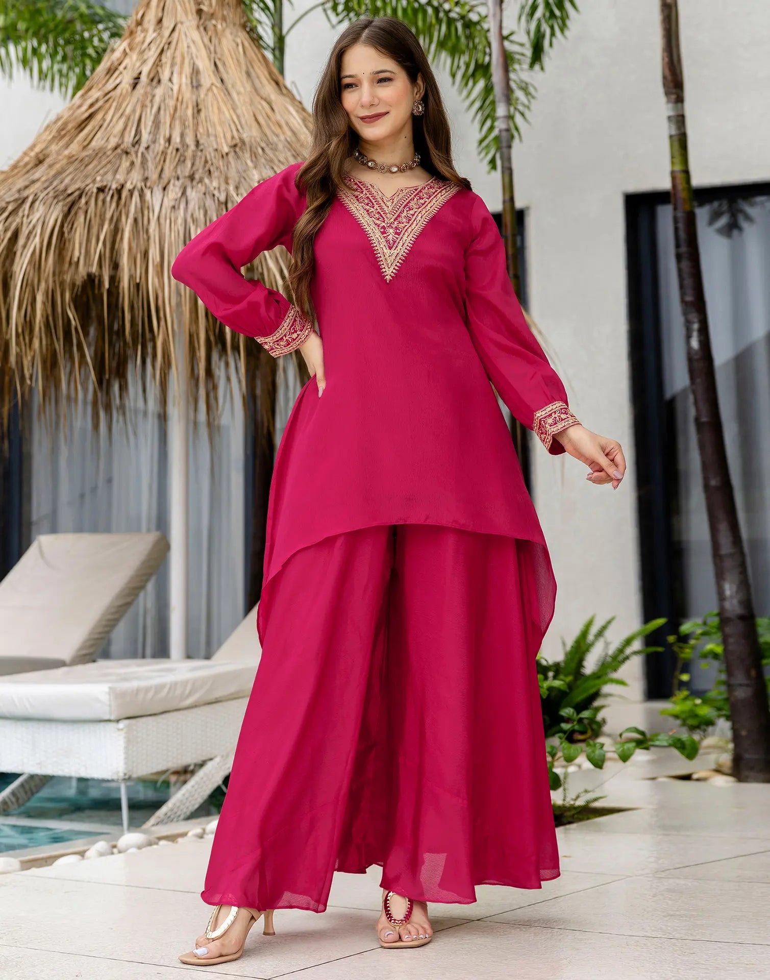 Poly Chinnon Embroidered High Low 3 Piece Kurta Set