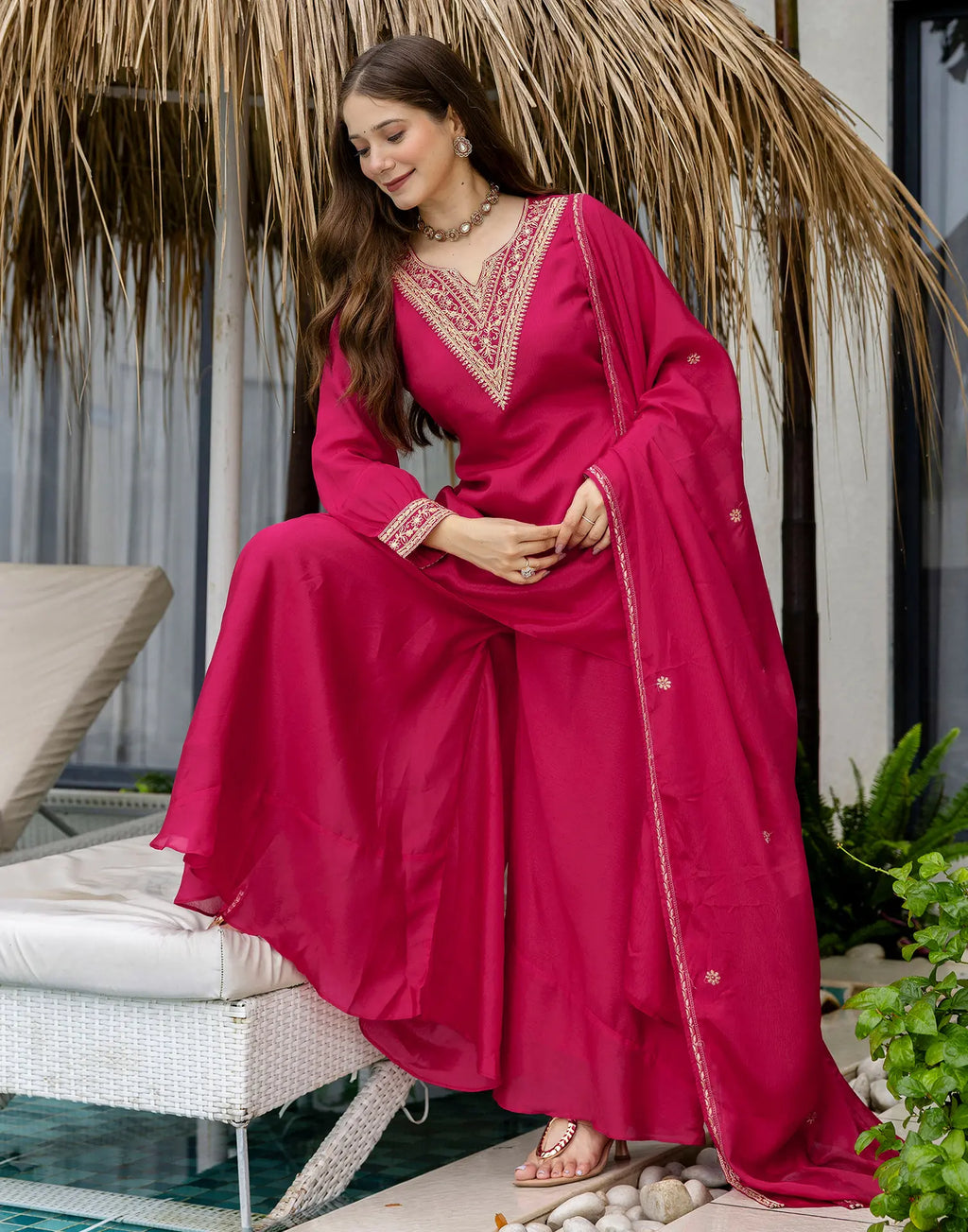 Poly Chinnon Embroidered High Low 3 Piece Kurta Set