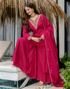 Poly Chinnon Embroidered High Low 3 Piece Kurta Set