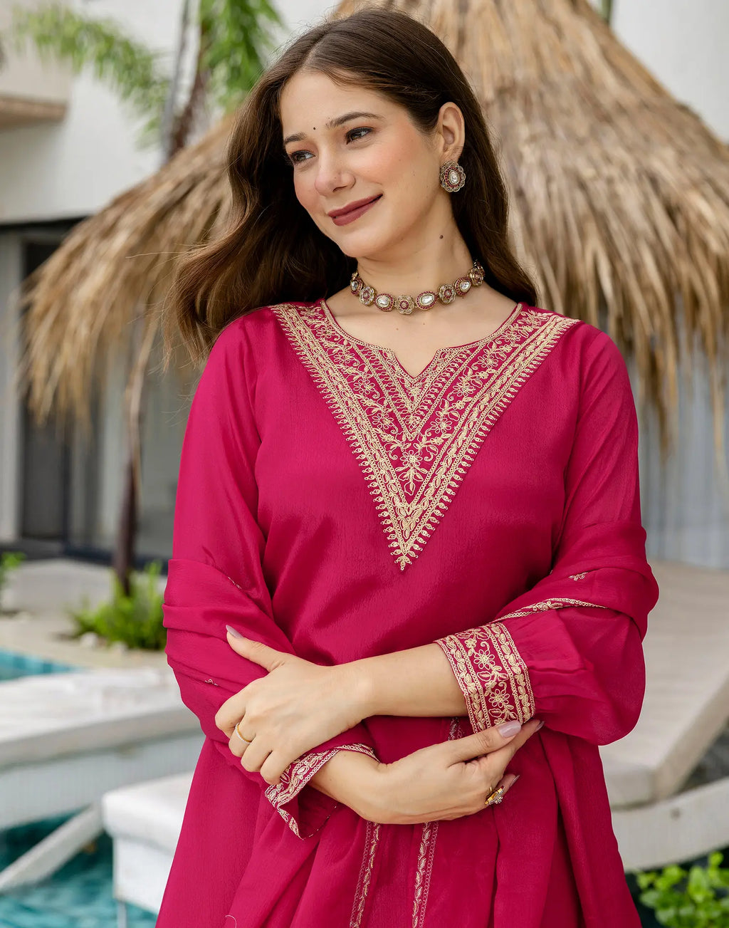 Poly Chinnon Embroidered High Low 3 Piece Kurta Set
