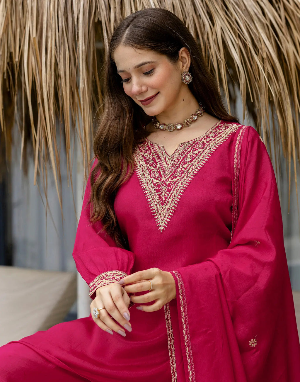 Poly Chinnon Embroidered High Low 3 Piece Kurta Set
