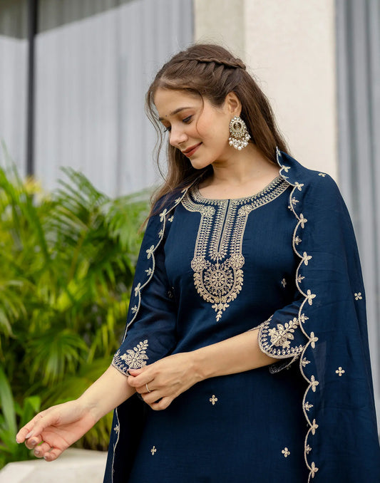 Midnight Navy Blue Round Neck Sequin & Coding Embroidery Sharara 3 Piece Kurta Set With Dupatta