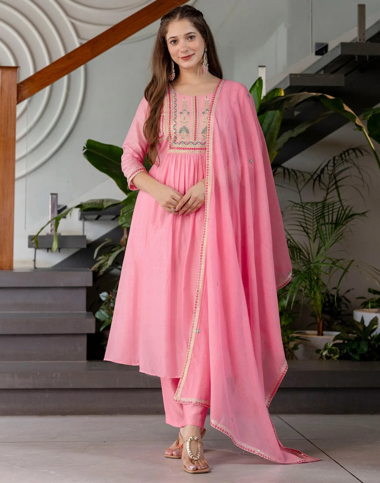 Chanderi Embroidered Anarkali 3 Piece Kurta Set