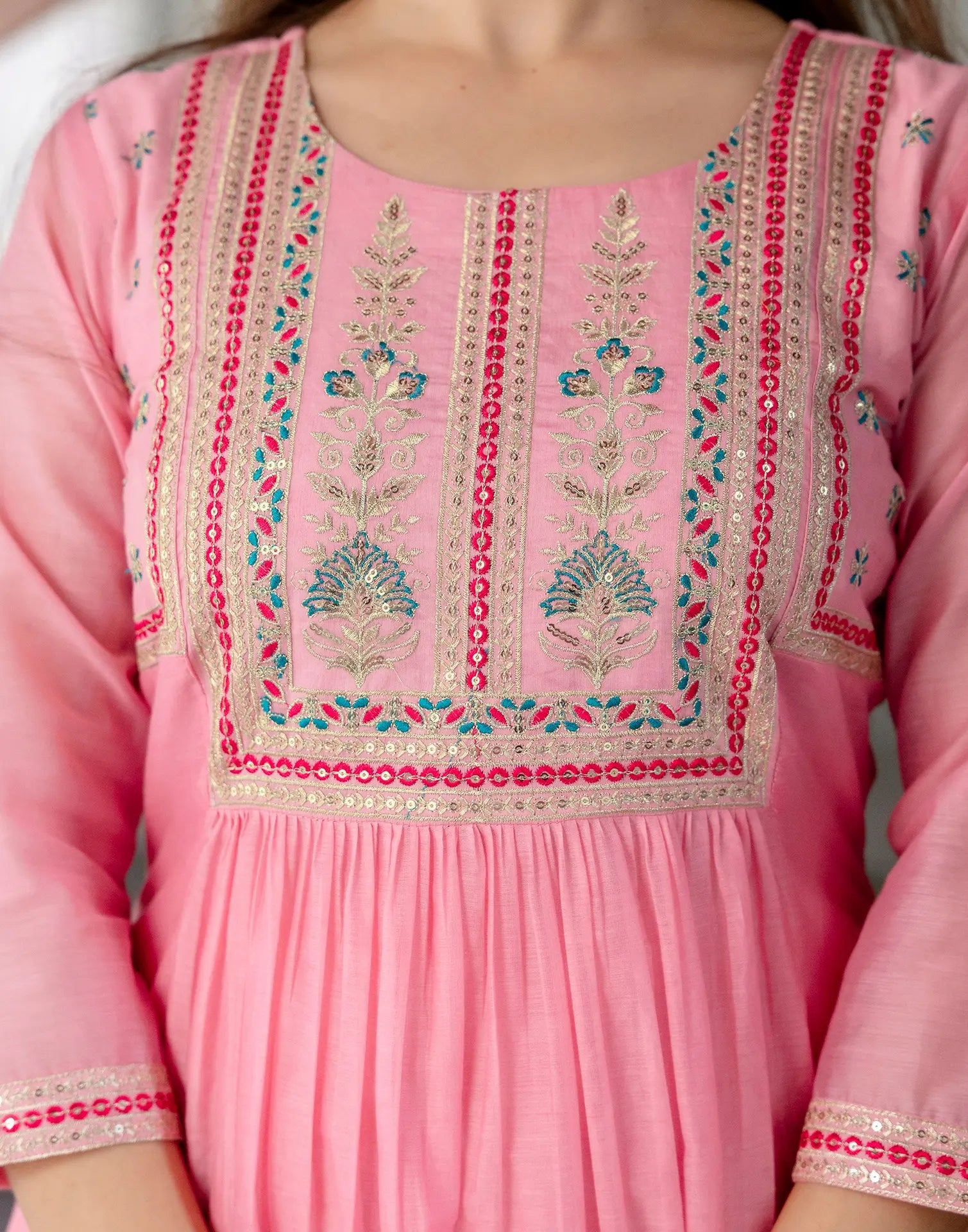 Chanderi Embroidered Anarkali 3 Piece Kurta Set