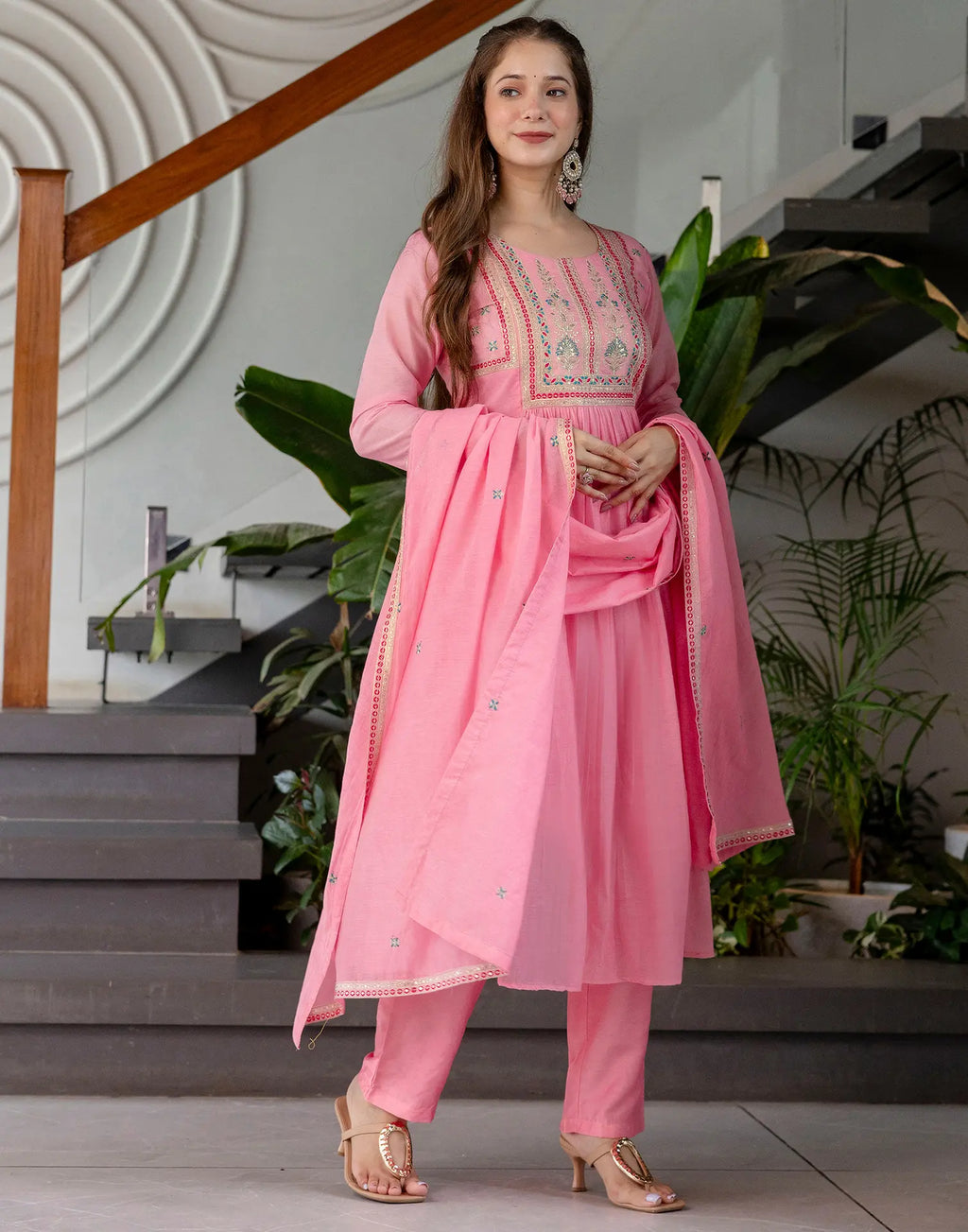 Chanderi Embroidered Anarkali 3 Piece Kurta Set